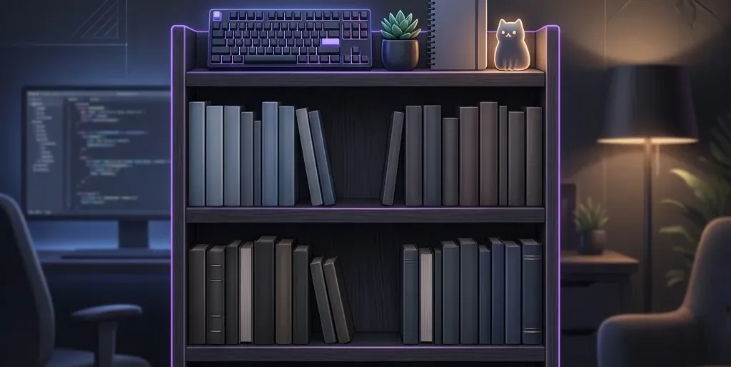 Una ilustración estilizada de una estantería llena de libros sobre tecnología, filosofía y ciencia